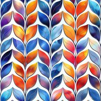 Vibrant watercolor leaf pattern in blue, orange and red tones creates seamless repeat design with overlapping foliage motif. Modern botanical surface print for fabric and decor.