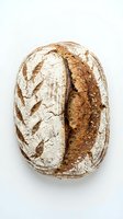 Artisan sourdough bread loaf with rustic crust and flour dusting isolated on white background for bakery and food design projects.