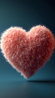 Fluffy pink heart-shaped object with soft fuzzy texture floating against dark blue gradient background for romantic Valentine's Day love concepts.
