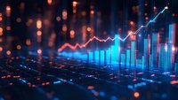 Financial market data visualization with glowing blue bar charts and red line graph showing upward trend against dark background with bokeh light effects.