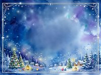 Snowy winter village with glowing Christmas trees, festive houses, and magical starry night sky with ornate frame border for holiday designs.