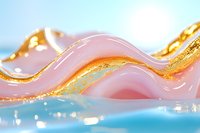 Abstract fluid art background with pink and gold waves flowing on blue surface, luxury cosmetic advertising concept for skincare and beauty products.