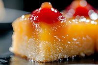 Golden glazed pastry with vibrant red cherry topping and crystalline sugar coating creates an appetizing dessert display for bakery marketing materials.