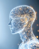 Glowing digital human head profile with interconnected network of light points and lines representing artificial intelligence and neural connections.