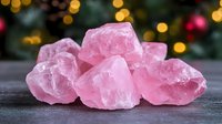 Raw pink rose quartz crystals on dark surface with blurred holiday lights and decorations in background, creating magical healing stones atmosphere.