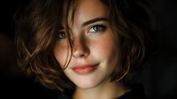 Close-up portrait of young woman with freckles, blue eyes, and short wavy brown hair against dark background, soft natural lighting highlighting facial features.