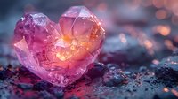Glowing pink crystal heart on dark surface with magical bokeh lights and sparkles, romantic mystical atmosphere with ethereal illumination and dreamy effect.