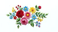 Colorful embroidered floral bouquet with roses, daisies and decorative leaves on white background. Folk art style needlework design for crafts and textiles.