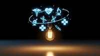 Glowing lightbulb with floating medical icons including stethoscope, heart, cross symbols representing healthcare innovation and bright ideas on dark background.