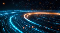 Glowing curved light trails in blue and orange colors against dark background with sparkles create futuristic technology concept for digital transformation designs.