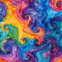 Vibrant swirling pattern with colorful waves in rainbow hues creating dynamic movement. Seamless abstract design with fluid curves and spiral shapes for fabric and wallpaper.