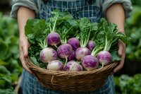 Fresh purple and white turnips with green tops harvested from garden, held in wicker basket by farmer wearing denim apron, organic vegetables against blurred foliage background.