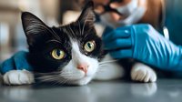Black and white cat with bright yellow eyes at veterinary examination, close up portrait with medical professional in protective gloves in background.