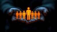 Protective hands holding glowing orange human figures representing team care, leadership support, employee protection and business responsibility concept.