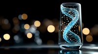 Glowing DNA helix structure floating in glass with water splashes against dark background with bokeh lights, science and genetics concept visualization.