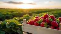 Fresh ripe strawberries in wooden crate at sunset farm field. Organic berry harvest agriculture concept for healthy eating and natural food production.