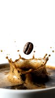 Coffee bean falling into cup creating dynamic splash with droplets on white background for beverage advertising and cafe marketing materials.