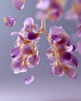Delicate pink and purple flower petals floating in air against soft gray background, creating ethereal botanical composition with gentle movement and dreamy atmosphere.