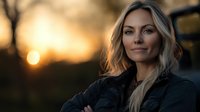Blonde woman with confident smile at sunset wearing black jacket, natural outdoor portrait with warm golden hour lighting and soft bokeh background.