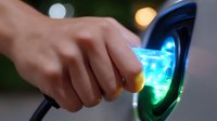 Electric vehicle charging plug being inserted into charging port with glowing blue and green illumination, showing sustainable transportation technology in action.