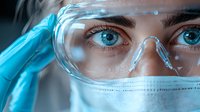 Close up portrait of medical professional wearing protective goggles and face mask with intense blue eyes and focused expression in clinical setting.