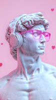 Classical marble bust wearing modern pink glasses and headphones on pink background with heart decorations. Contemporary art concept merging ancient and modern aesthetics.