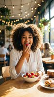 Young woman with curly brown hair and medium skin tone eating fresh strawberries at a wooden table in a bright cafe with string lights and plants overhead.