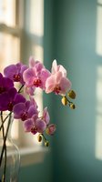 Pink and purple orchid flowers in glass vase with soft natural sunlight streaming through window creating peaceful home interior atmosphere.