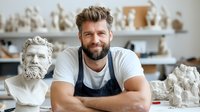 Caucasian male sculptor in workshop smiling confidently next to classical marble bust, wearing white t-shirt and black apron, surrounded by clay sculptures and art pieces.