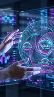 Hands holding holographic sphere with business skills text in futuristic digital environment with glowing data displays and neon lighting effects.