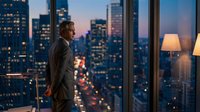 Businessman in dark suit standing at floor-to-ceiling window overlooking illuminated cityscape at dusk, contemplating urban skyline from high-rise office building at twilight.