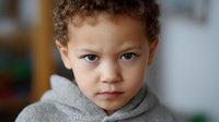 Young mixed race boy with curly hair wearing gray hoodie looking at camera with serious expression against blurred background. Perfect for education or childhood themes.