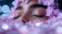 Close up portrait of young Asian woman with closed eyes surrounded by pink cherry blossoms, creating dreamy spring atmosphere with soft bokeh lights in background.
