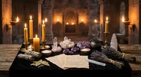 Mystical altar setup with candles, crystals, herbs and ancient scrolls in atmospheric stone chamber for spiritual rituals and meditation practices.