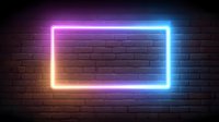 Glowing neon rectangle frame with gradient colors from pink to blue on dark brick wall background, modern night club atmosphere for advertising space.