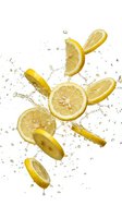 Fresh lemon slices falling with dynamic water splashes on white background, vibrant citrus fruit in motion for food and beverage design.