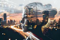 Double exposure profile of young Caucasian woman merged with urban night cityscape showing illuminated highway and skyscrapers against orange sunset sky.