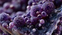 Macro view of purple bacterial colony with spherical structures growing on organic surface, showcasing microbiology details for scientific research.