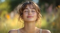 Young Asian woman with closed eyes and gentle smile enjoying peaceful moment in sunlit garden, expressing serenity and mindfulness against soft bokeh background.