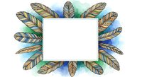 Ornate feathers in gold, green, and blue watercolor surround a blank white rectangular frame, ideal for adding text, quotes, or designs on cards, invitations, and social media graphics.
