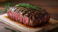 Grilled beef steak with herbs on wooden cutting board, juicy medium-rare meat with rosemary garnish for culinary and restaurant menu designs.