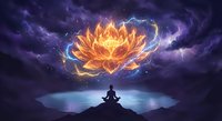 Silhouette meditating under cosmic fire lotus flower in starry purple sky with lightning and mystical energy for spiritual awakening and mindfulness concepts.