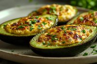 Baked avocado halves stuffed with eggs and bacon bits, garnished with fresh herbs on rustic plate. Healthy breakfast or brunch recipe for ketogenic diet.