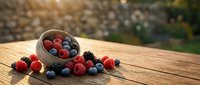 Fresh mixed berries spilling from a rustic bowl on a wooden table in warm sunlight, with a blurred garden background.