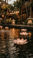 Floating lotus flowers in tranquil water pond with warm string lights creating romantic evening ambiance for spa wellness meditation retreat decoration.