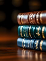 Stack of vintage leather-bound books with gold embossed spines on wooden surface against dark background, creating atmospheric mood with selective focus.