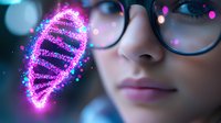 Young Asian woman in glasses looking at glowing pink DNA helix structure with sparkles and bokeh lights in dark scientific laboratory background.