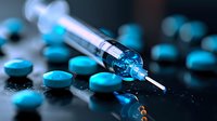 Medical syringe with blue pills scattered on dark reflective surface in dramatic lighting, highlighting healthcare and pharmaceutical concepts.
