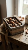 Assorted chocolate truffles coated in cocoa powder and crushed nuts displayed in rustic wooden box with burlap ribbon on weathered table by window with autumn leaves.