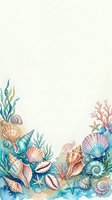 Watercolor seashells, starfish, coral, and seaweed border frame with copy space, soft pastel ocean tones for cards and invitations.